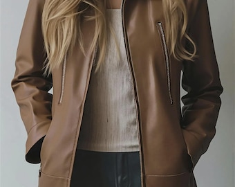 Women’s Brown Leather Jacket, Classic Zip-Up Leather Coat, Handmade Real Leather, Fashion Jacket for Women