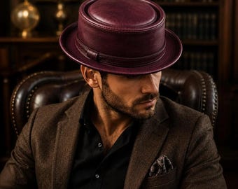 Luxury Burgundy Leather Pork Pie Hat for Men, Handmade Vintage Porkpie Hat, Classic Gentleman Fedora Style Hat, Premium Leather Hat