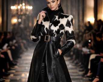 Women’s Hair-On Cowhide Leather Long Coat – Luxury Belted Statement Trench