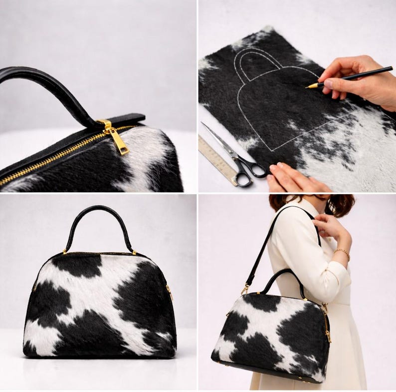 May include: A black and white cowhide handbag with a gold zipper and handle. The bag has a rounded shape and a black handle. The image shows the bag being made, with a pattern being drawn on the cowhide.