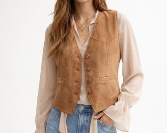 Dames suède leren vest, leren vest met knopen voorkant, leren vest in vintage stijl, klassiek western vest