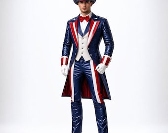 May include: A patriotic costume in blue, red, and white. The outfit includes a long coat, trousers, waistcoat, bow tie, and top hat. The coat and trousers have red and white stripes, and the hat has stars.