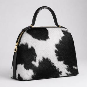 May include: A dome-shaped handbag with a black and white cowhide pattern. The bag features a black handle, a gold zipper, and black trim. The bag is a stylish accessory.
