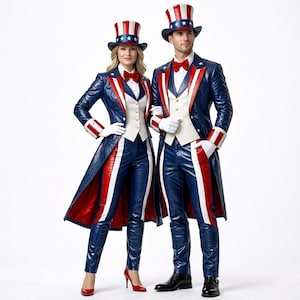 Uncle Sam Costume Couple, Patriotic Red White Blue Leather Tailcoat Suit, 4th of July Outfit, American Flag Halloween Costume