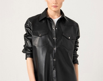 Women’s Black Leather Shirt Jacket – Real Leather Shacket, Button Up Overshirt for Fall Winter