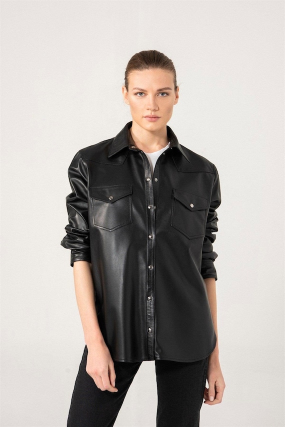 Women’s Black Leather Shirt Jacket – Real Leather Shacket, Button Up Overshirt for Fall Winter
