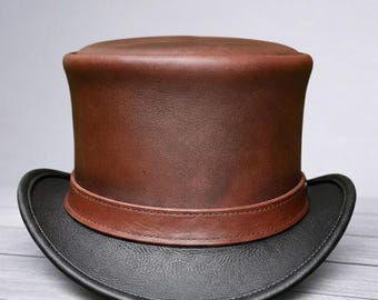 Victorian Steampunk Leather Top Hat, Brown Black Gothic Top Hat, Handmade Unisex Cosplay Hat