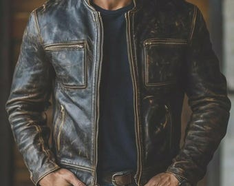 Men’s Handmade Brown Distressed Vintage Real Leather Biker Jacket – Retro Café Racer Motorcycle Jacket.