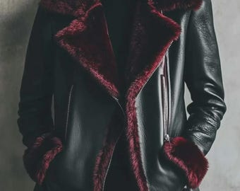 Shearling Lined Leather Biker Jacket - Women's Winter Fur Coat