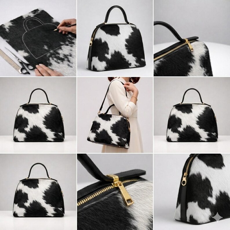 May include: A black and white cowhide handbag with a top handle and a gold zipper. The bag has a rounded shape and a black leather base. The cowhide pattern is a mix of black and white patches.