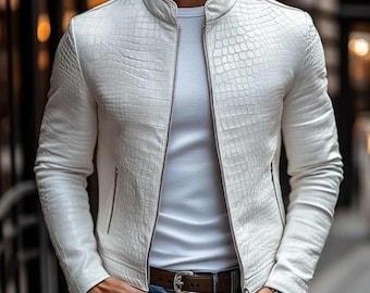 Blouson homme blanc en cuir embossé crocodile | Blouson motard coupe slim style moto | Vêtements d'extérieur streetwear élégants.
