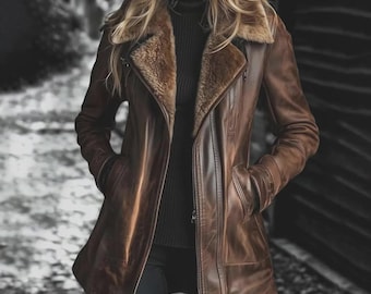Chaqueta de piel de oveja marrón para mujer • Abrigo de aviador con forro de piel de oveja • Ropa de abrigo de invierno • Cuero estilo vintage