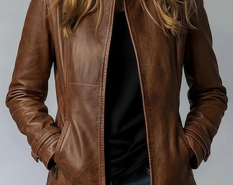 Women’s Brown Leather Jacket – Handmade Womens Brown Genuine Leather Blazer Long Lapel Jacket – Genuine Leather Coat for Her