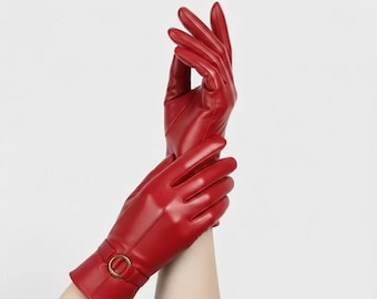 Vintage Sheepskin Leather Gloves Winter Driving Warm Button Cuff Elegant Style