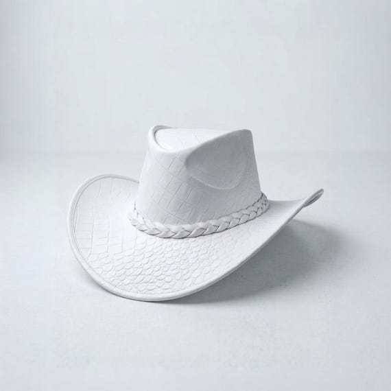 White Leather Cowboy Hat – Western Crocodile Embossed Hat, Handmade Cowboy Hat, Unisex Ranch Hat, Country Western Style Hat
