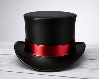 Steampunk Black Leather Top Hat with Red Band | Gothic Cosplay Hat