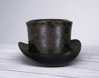 Victorian Steampunk Leather Top Hat, Gothic Floral Black Gold Hat, Unisex Cosplay Costume Hat