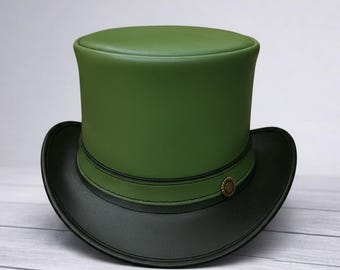 Victorian Steampunk Mini Top Hat Genuine Leather Studded Olive Green Handmade Green Leather Top Hat: Steampunk Victorian Cosplay  main image 4