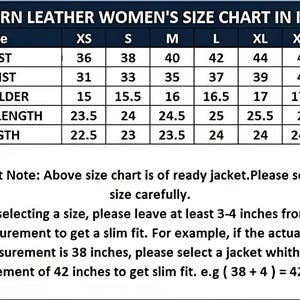 May include: Size chart for western leather jackets, with measurements in inches. Includes bust, waist, shoulder, sleeve length, and length for sizes XS to XXXL. Important note: select size carefully.