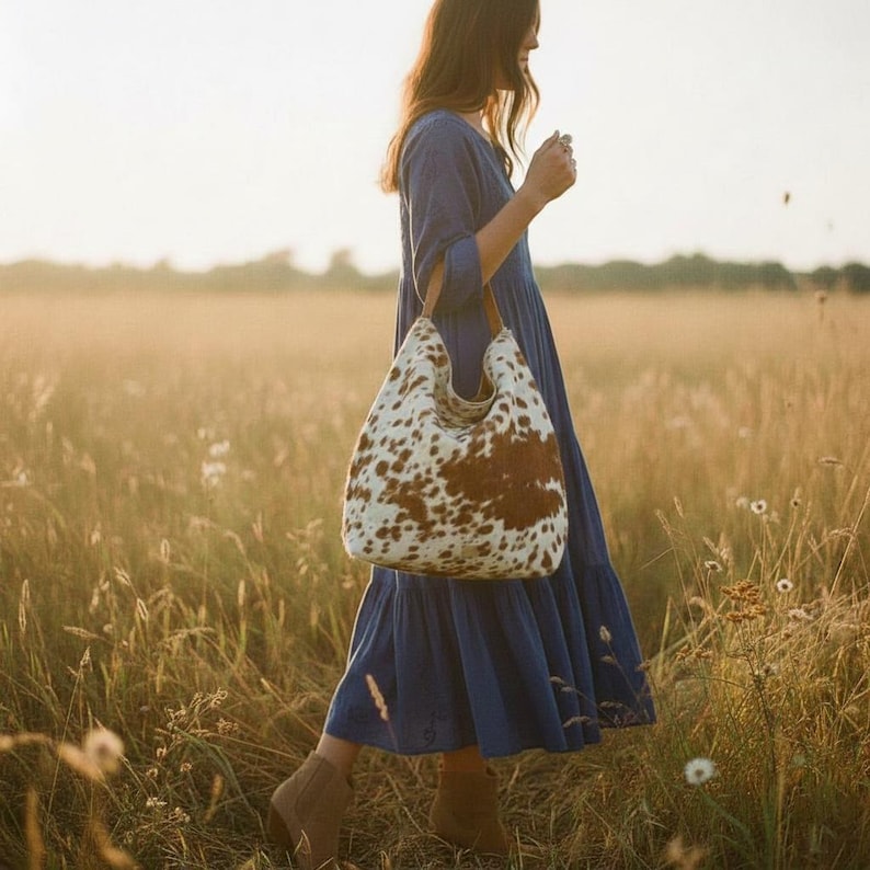 May include: A large tote bag with a cowhide pattern of brown and white spots. The bag has a curved top and brown leather straps. The person in the image is wearing a blue dress and brown boots, walking through a field of tall grass.