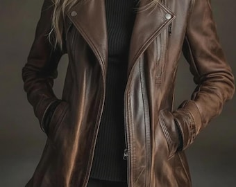 Handmade Women's Distressed Brown Sheepskin Leather Moto Jacket