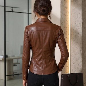 Women’s Brown Leather Shirt, Handmade Real Leather Blouse, Slim Fit Button-Up Top, Stylish Streetwear Leather Top image 2