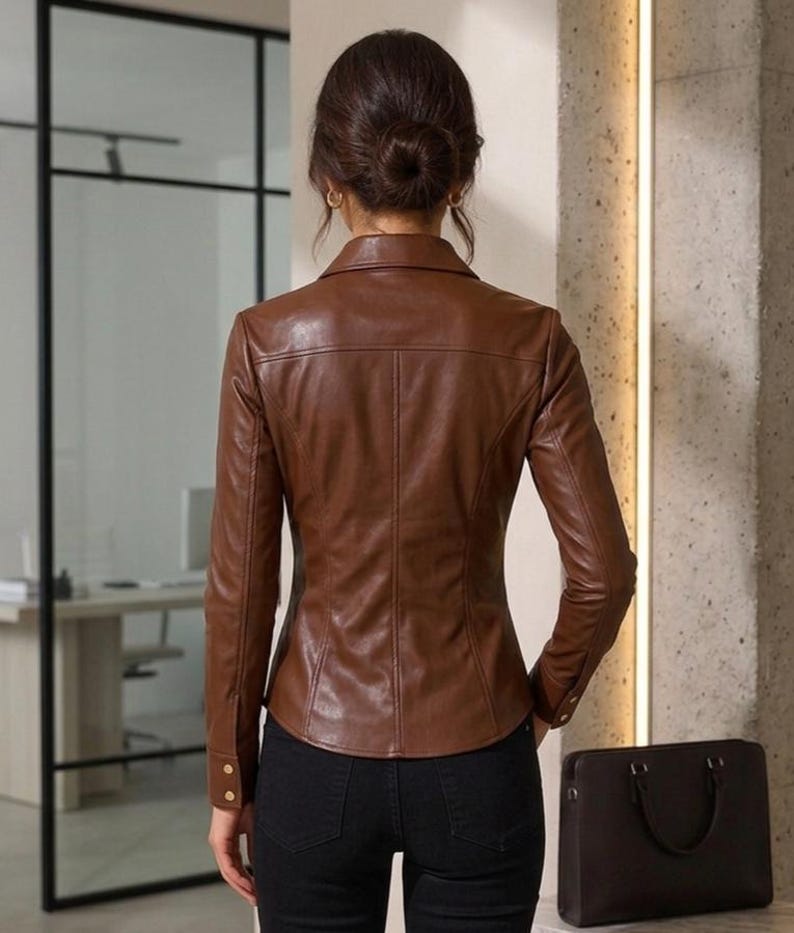 Women’s Brown Leather Shirt, Handmade Real Leather Blouse, Slim Fit Button-Up Top, Stylish Streetwear Leather Top image 2