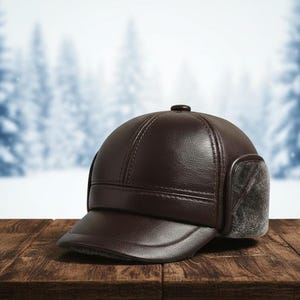 May include: A brown leather hat with ear flaps and a peak, set against a blurred winter forest backdrop. The hat has a rounded crown and a small button on top. The ear flaps are lined with a soft, grey material.