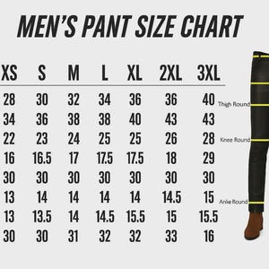 K&ouml;nnte beinhalten: Herren-Hosengr&ouml;&szlig;entabelle mit Ma&szlig;en f&uuml;r Taille, H&uuml;fte, Oberschenkel, Knie, Kn&ouml;chel und Schrittl&auml;nge. Gr&ouml;&szlig;en von XS bis 3XL. Eine schwarze Lederhose mit Ma&szlig;angaben ist abgebildet.