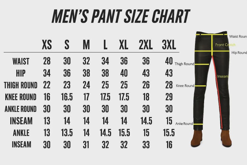 K&ouml;nnte beinhalten: Herren-Hosengr&ouml;&szlig;entabelle mit Ma&szlig;en f&uuml;r Taille, H&uuml;fte, Oberschenkel, Knie, Kn&ouml;chel und Schrittl&auml;nge. Gr&ouml;&szlig;en von XS bis 3XL. Eine schwarze Lederhose mit Ma&szlig;angaben ist abgebildet.