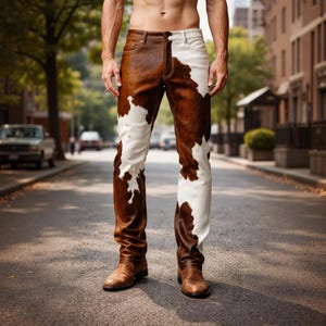 K&ouml;nnte beinhalten: Braune und wei&szlig;e Jeans mit Kuhfellmuster. Die Jeans haben ein einzigartiges Design, wobei eine Seite ein braunes Kuhfellmuster und die andere Seite wei&szlig; aufweist. Die Jeans werden mit braunen Lederstiefeln kombiniert. Das Bild wurde im Freien aufgenommen.