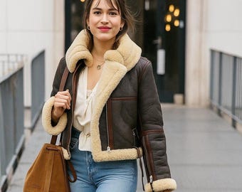 Handmade Women Shearling Jacket | Vintage Brown Genuine Sheepskin Leather Bomber Jacket.