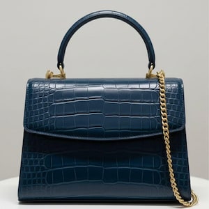 Luxury Croc Embossed Leather Top Handle Bag – Structured Flap Handbag with Chain Strap – Elegant Designer Style Purse for Women Blue
