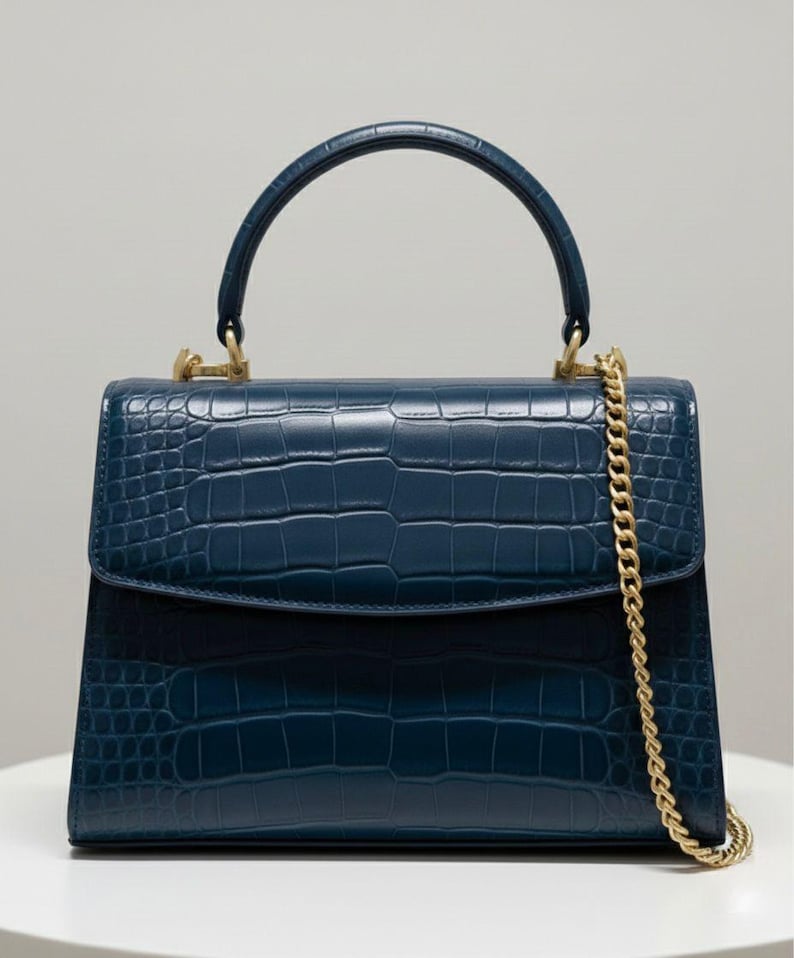 Luxury Croc Embossed Leather Top Handle Bag – Structured Flap Handbag with Chain Strap – Elegant Designer Style Purse for Women Blue