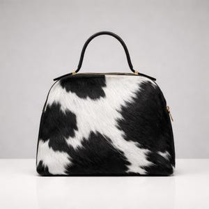 May include: A black and white cowhide handbag with a black handle and gold-toned zipper. The bag has a rounded shape and a structured design, suitable for carrying essentials.