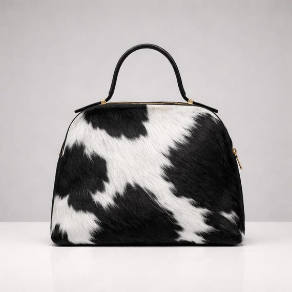 Black & White Hair On Cowhide Leather Handbag – Genuine Cowhide Top Handle Bag – Western Style Purse – Luxury Statement Shoulder Bag