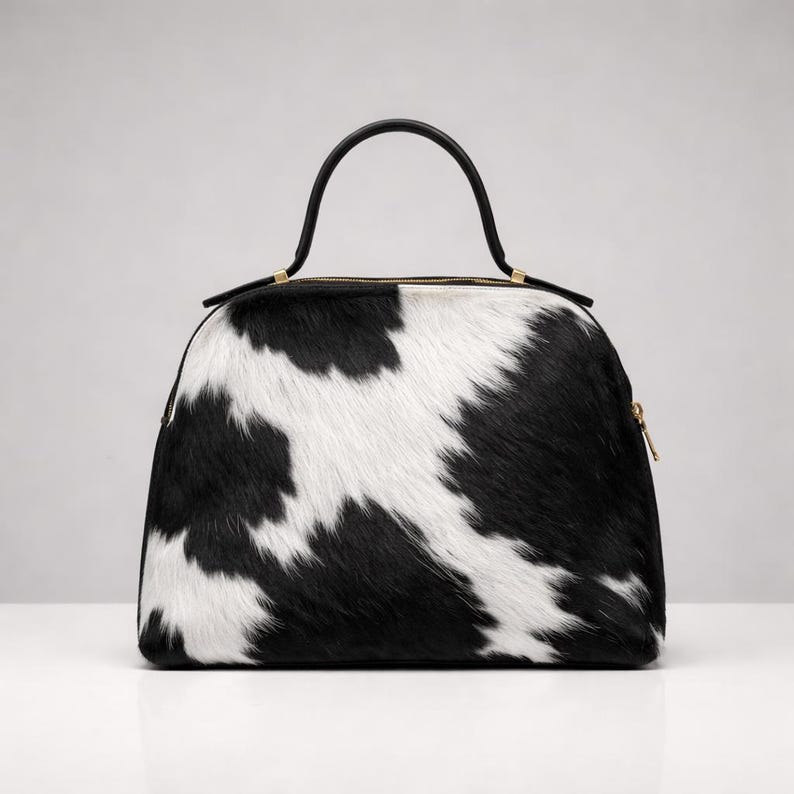 May include: A black and white cowhide handbag with a black handle and gold-toned zipper. The bag has a rounded shape and a structured design, suitable for carrying essentials.