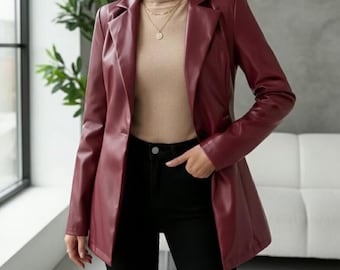 Women's Real Sheepskin Stylish Red Leather Blazer, Fitted Women's Jacket Handmade Red Leather Blazer, Women Leather Coat