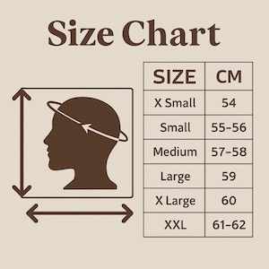 以下が含まれることがあります： 上部に「Size Chart」の文字が入ったサイズ表。X-Smallの54cmからXXLの61-62cmまで、頭のサイズをセンチメートルで表示しています。測定値を示す矢印が付いた頭のシルエットも表示されています。
