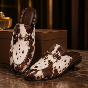 May include: A pair of brown and white cowhide leather slip-on shoes. The shoes feature a gold-colored metal buckle detail and a brown leather trim. The shoes are displayed on a marble surface.
