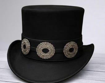 Black Leather Top Hat with Concho Band | Steampunk Gothic Western Hat