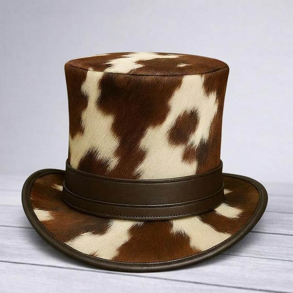Handmade Cowhide Leather Top Hat | Hair-On Hide Western Steampunk Hat