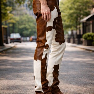 K&ouml;nnte beinhalten: Hose mit braun-wei&szlig;em Kuhfellmuster. Die Hose hat eine braune Lederoptik mit wei&szlig;en Flecken. Die Person tr&auml;gt braune Lederstiefel. Die Hose ist ein einzigartiges Mode-Statement.