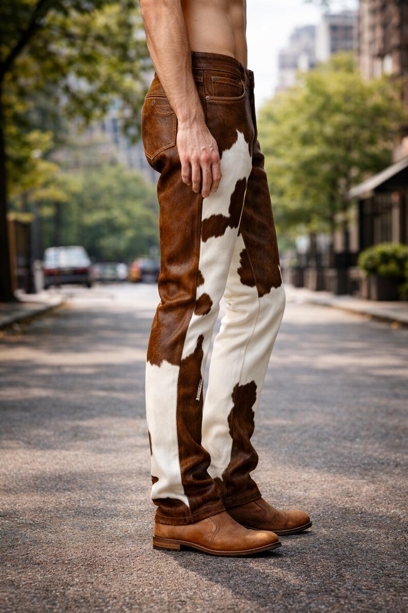 K&ouml;nnte beinhalten: Hose mit braun-wei&szlig;em Kuhfellmuster. Die Hose hat eine braune Lederoptik mit wei&szlig;en Flecken. Die Person tr&auml;gt braune Lederstiefel. Die Hose ist ein einzigartiges Mode-Statement.