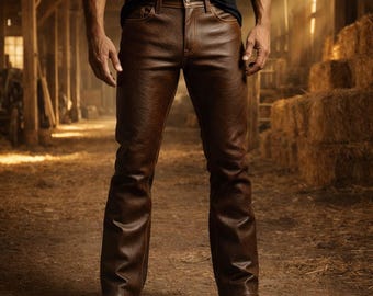 Herren Braun Leder Rindsleder Hose - Klassische Western Cowboy Hose für Biker & Freizeitkleidung