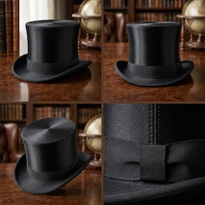 May include: A black top hat with a wide brim and a grosgrain ribbon band. The hat has a tall, cylindrical crown and is made of a smooth, dark material. The hat is a classic formal accessory.