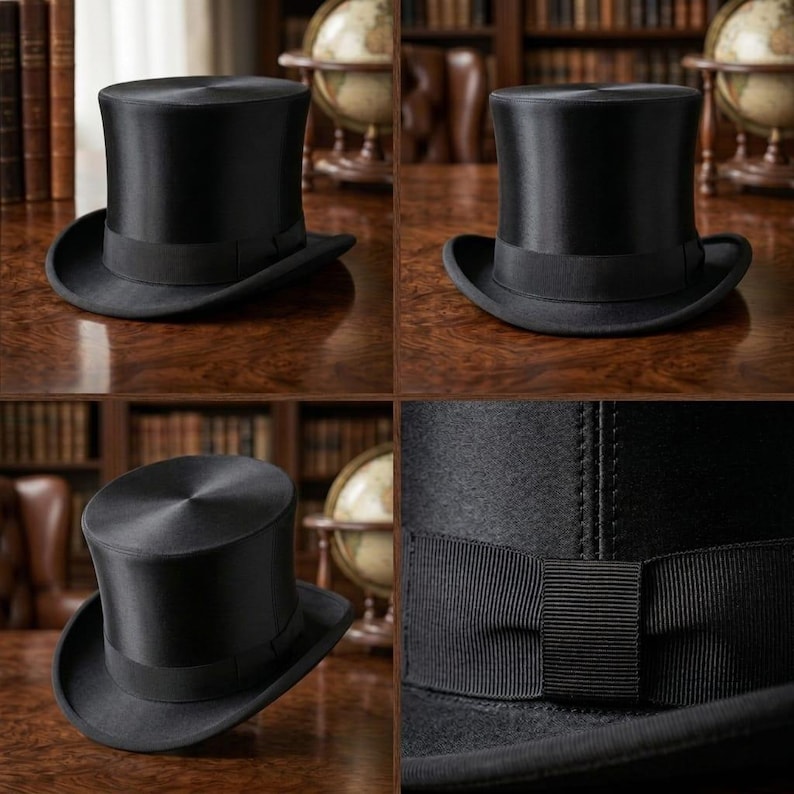 May include: A black top hat with a wide brim and a grosgrain ribbon band. The hat has a tall, cylindrical crown and is made of a smooth, dark material. The hat is a classic formal accessory.