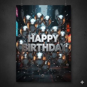May include: A poster with a dark background featuring silver balloons and the words "HAPPY BIRTHDAY" in large, metallic letters. The balloons are clustered together, with strings hanging down.