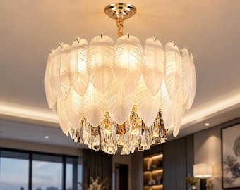 Lámpara de araña de cristal con plumas, colgante dorado de 8 luces para comedor y dormitorio.