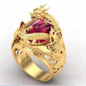 Anillo Dragón Fénix de Oro, Anillo Destacado con Piedra Gema Roja, Joyería de Fantasía, Animal Hecho a Mano
